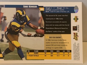lot 239 image: 1997 EDDIE KENNISON ST. LOUIS RAMS #255  UPPER DECK COLLECTORS CHOICE ROOKIE-ERA FOOTBALL CARD