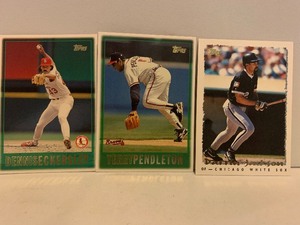 lot 129 image: 1997 TOPPS BASEBALL 3-CARD LOT  DENNIS ECKERSLEY HALL OF FAMER, TERRY PENDLETON & DARRIN JACKSON