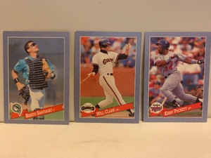 lot 147 image: VINTAGE BASEBALL CARD LOT  BENITO SANTIAGO, WILL CLARK & KIRBY PUCKETT  3 CARDS