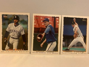 lot 156 image: 1995 TOPPS BASEBALL CARD LOT  ELLIS BURKS, KEITH MILLER & MARK DEWEY  ROCKIES  ROYALS  PIRATES  3 CARDS