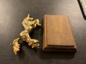 lot 164 image: VINTAGE GOLD-TONE REARING UNICORN FIGURINE WITH WOOD DISPLAY BASE  AS FOUND