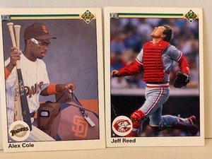 lot 178 image: 1990 UPPER DECK BASEBALL CARD LOT  ALEX COLE & JEFF REED  PADRES  REDS  2 CARDS