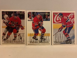 lot 289 image: TOPPS MONTREAL CANADIENS HOCKEY CARD LOT  BRUNET, BRISEBOIS & DAMPHOUSSE  3 CARDS