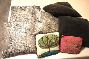 lot 50 image: Three nice heavy grey pillows, plus other throw pillows . (MBR)