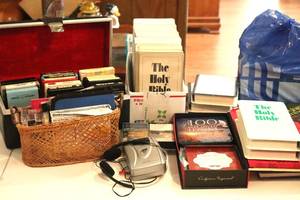 lot 65 image: 8 Track Tapes, Holy Bible VHS Tapes, Cassette Player and other items (LR)