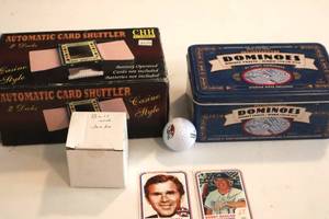 lot 69 image: Bobby Bragan, George W Bush Trading Cards, Card Shuffler, Jacks, and Tin of Dominos. (LR)