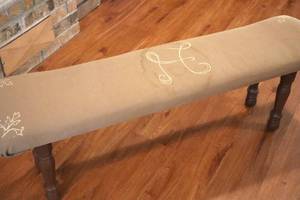 lot 79 image: Vintage Wood Padded Bench - can easily change material for your own master piece. 49L x 11D x 16T. (LR)