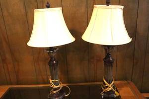lot 97 image: Two Matching Table Lamps with Shades - clean working condition - 28T. (LR)