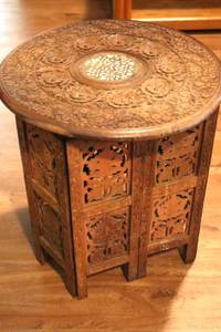lot 100 image: Carved Folding Teak Wood Table with Bone Inlay from 20th Century. 19T x 18R. (LR)