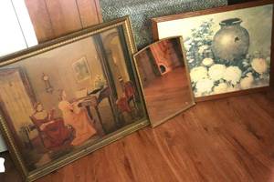 lot 103 image: Hanging Mirror and Two Wall Hangings. One with Piano has rough spot - see pic. (LR)