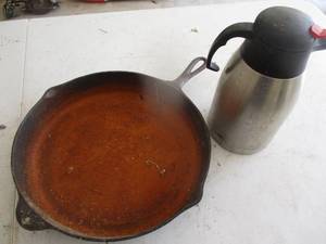 lot 239 image: Cast Iron Skillet and Thermos