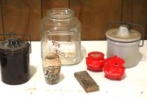 lot 112 image: Small Cheese Crocks, Vintage Glass Jar, and other items. (LR)