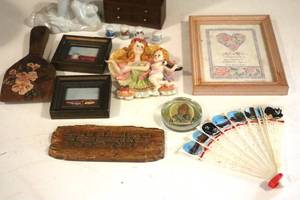 lot 116 image: Thimbles, Display , Praying Hands paper Weight, and Angels. (LR)