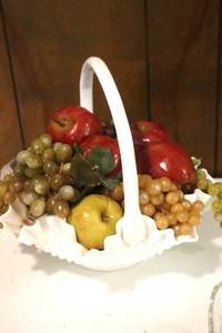 lot 119 image: Hobnail Milk Glass Bowl with Faux Fruit. 10in. (LR)