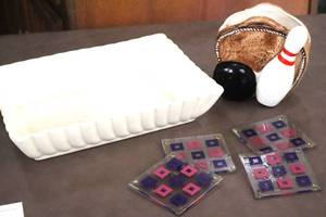 lot 121 image: Mid Century Glass Holders, Bowling Style Planter and Pottery Dish which has some crazing. (LR)