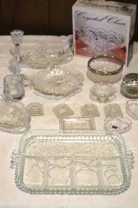 lot 128 image: Misc lot of Glass items and Lead Crystal also includes Glass Avon Jar. (LR)