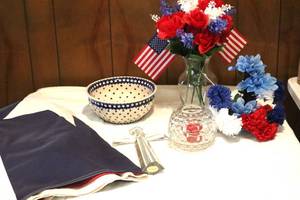 lot 131 image: Lead Crystal Cross 11in, Flag, Bowl, Votive Holder, Vase with Faux Flowers. (LR)