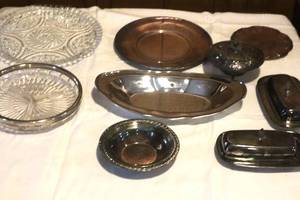 lot 137 image: WM Rogers, International Silver Platted Dishes, Plus others and Glass Platters - (LR)