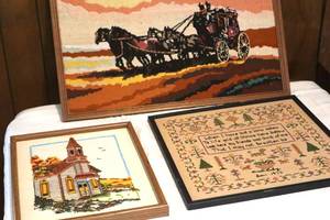 lot 139 image: Total of 3 Vintage Needlework Wall Hangings - 16x16, 12x14, and 24x14. (LR)