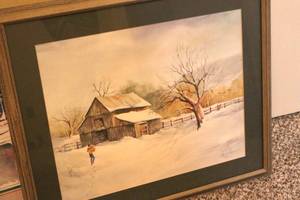 lot 305 image: Opal Palmer Signed 651000 Framed Winter Scene Wall Hanging - 23T x 26W (up)