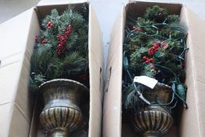 lot 340 image: Two 4ft Ft Lighted Entryway Trees - untested lights - (GAR)