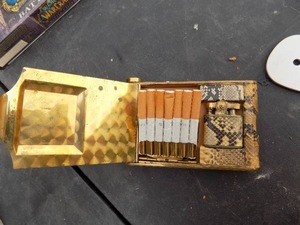 Vintage gold tone  cigarette case and lighter snakeskin style
