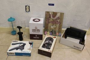 lot 24 image: Wine and bottle openers, French press, Easter sign and photo frames