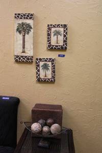 lot 26 image: Home dcor metal basket, basket woven box, and canvas prints