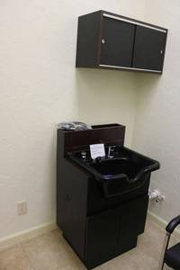 lot 34 image: Salon shampoo bowl cabinet with hanging wall cabinet (plus new shampoo hose part)