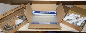 lot 56 image: Plumbing supplies and face shields - faucet hoses, pvc, and valves