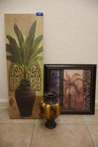 lot 128 image: Palm tree wall art and decorative vase