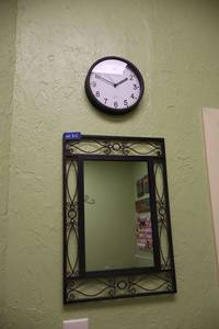 lot 65 image: Metal wall art, wall mirror and clock (see all photos)