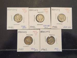 lot 111 image: Selection of 5 - 1942 Mercury silver dimes