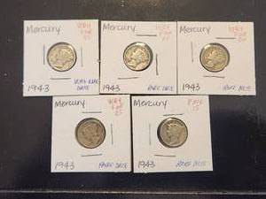 lot 105 image: Selection of 5 - 1943 Mercury silver dimes