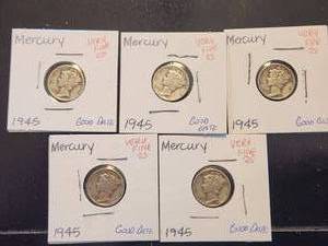 lot 91 image: Selection of 5 - 1945 Mercury silver dimes