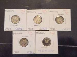 lot 80 image: Selection of 5 - 1939,1940, and 1 date unreadable - Mercury silver dimes