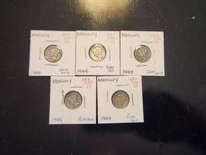 lot 56 image: Selection of 5 - 1944 Mercury silver dimes