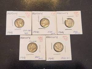 lot 27 image: Selection of 5 - 1941 Mercury silver dimes