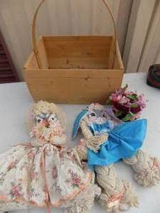 lot 66 image: 2 cloth animal dolls in a wooden basket