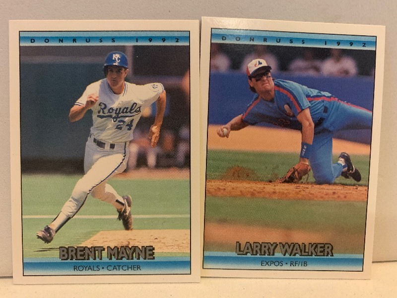 lot 126 image: 1992 DONRUSS BASEBALL 2-CARD LOT  LARRY WALKER EXPOS & BRENT MAYNE ROYALS