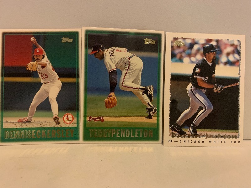 lot 129 image: 1997 TOPPS BASEBALL 3-CARD LOT  DENNIS ECKERSLEY HALL OF FAMER, TERRY PENDLETON & DARRIN JACKSON
