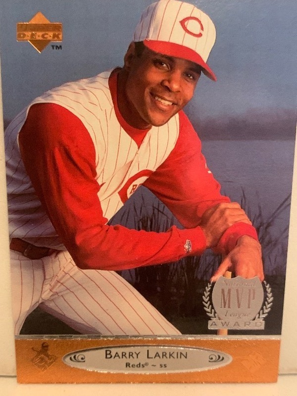 lot 144 image: UPPER DECK BARRY LARKIN MVP LEAGUE AWARD  CINCINNATI REDS BASEBALL CARD