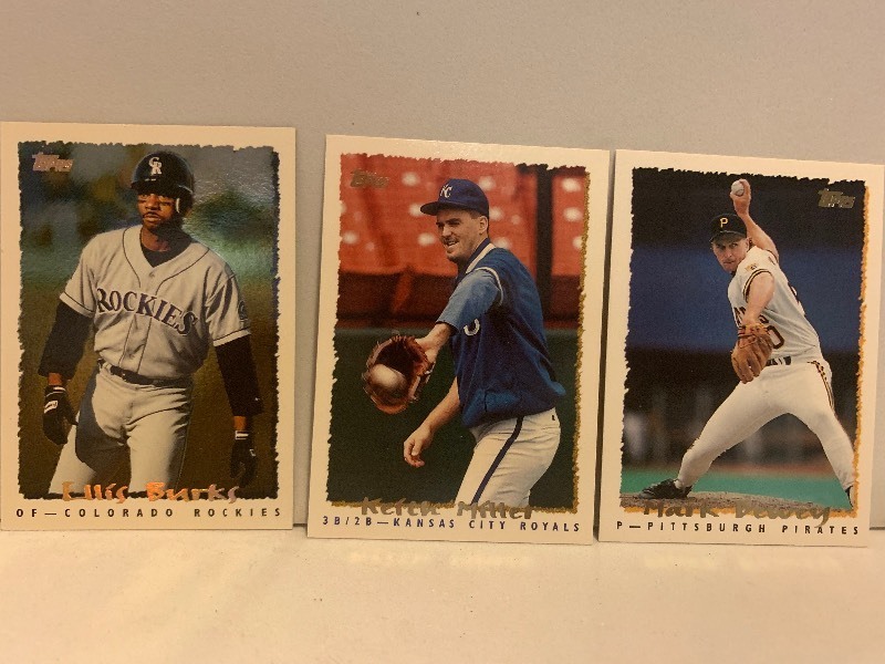 lot 156 image: 1995 TOPPS BASEBALL CARD LOT  ELLIS BURKS, KEITH MILLER & MARK DEWEY  ROCKIES  ROYALS  PIRATES  3 CARDS