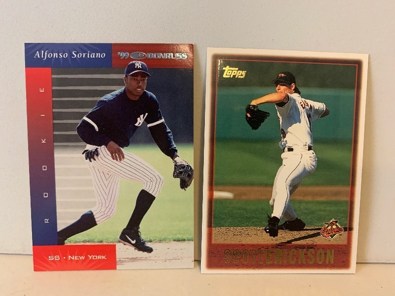 lot 169 image: BASEBALL CARD LOT  1999 DONRUSS ALFONSO SORIANO ROOKIE & 1997 TOPPS SCOTT ERICKSON #347  2 CARDS