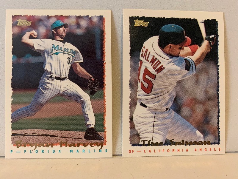 lot 171 image: 1995 TOPPS BASEBALL CARD LOT  BRYAN HARVEY & TIM SALMON  MARLINS  ANGELS  2 CARDS