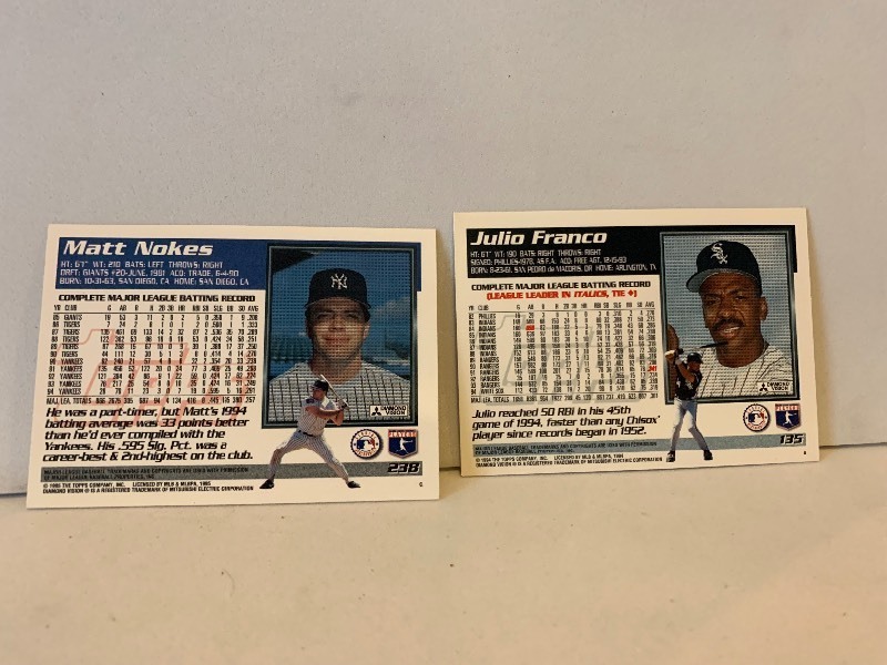 lot 176 image: 1995 TOPPS BASEBALL CARD LOT  MATT NOKES & JULIO FRANCO  YANKEES  WHITE SOX  2 CARDS