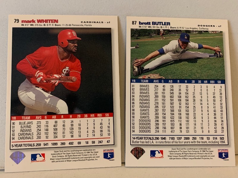 lot 177 image: UPPER DECK COLLECTORS CHOICE BASEBALL CARD LOT  MARK WHITEN & BRETT BUTLER  CARDINALS  DODGERS  2 CARDS
