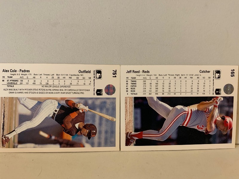 lot 178 image: 1990 UPPER DECK BASEBALL CARD LOT  ALEX COLE & JEFF REED  PADRES  REDS  2 CARDS