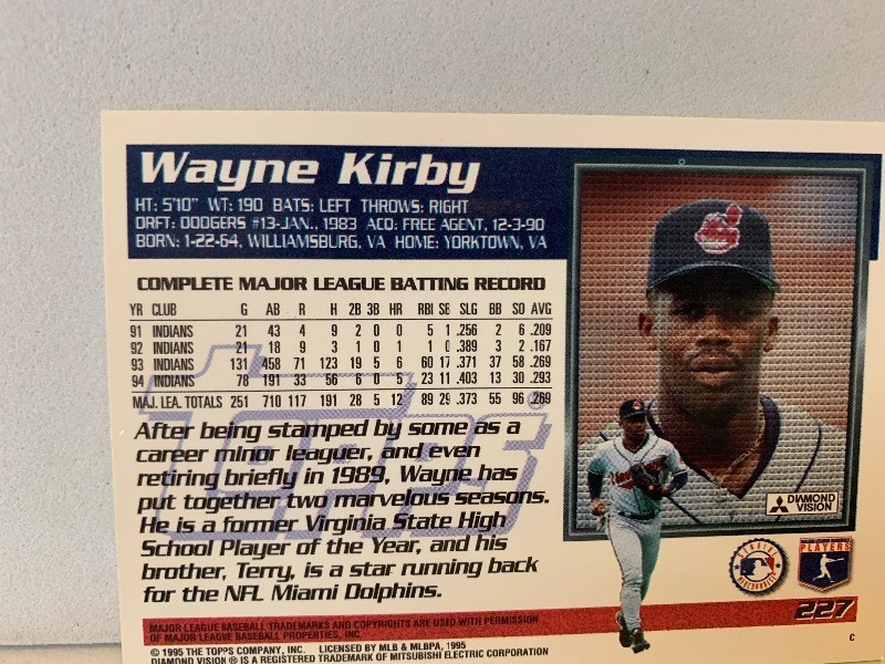 lot 183 image: 1995 TOPPS BASEBALL CARD LOT  WAYNE KIRBY & CHUCK CARR  INDIANS  MARLINS  2 CARDS