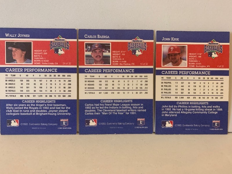 lot 187 image: 1993 HOSTESS BASEBALLS CARD LOT  WALLY JOYNER, CARLOS BAERGA & JOHN KRUK  3 CARDS